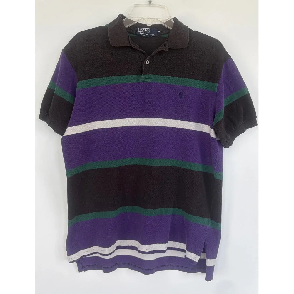 Vintage Polo Ralph Lauren Striped Polo Shirt Mens XL Purple White Cotton‎ Pique